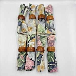 Set of 8 - 1" Wood Napkin Rings w/ Napkins Carved Philippines Made Boho Chic MCM